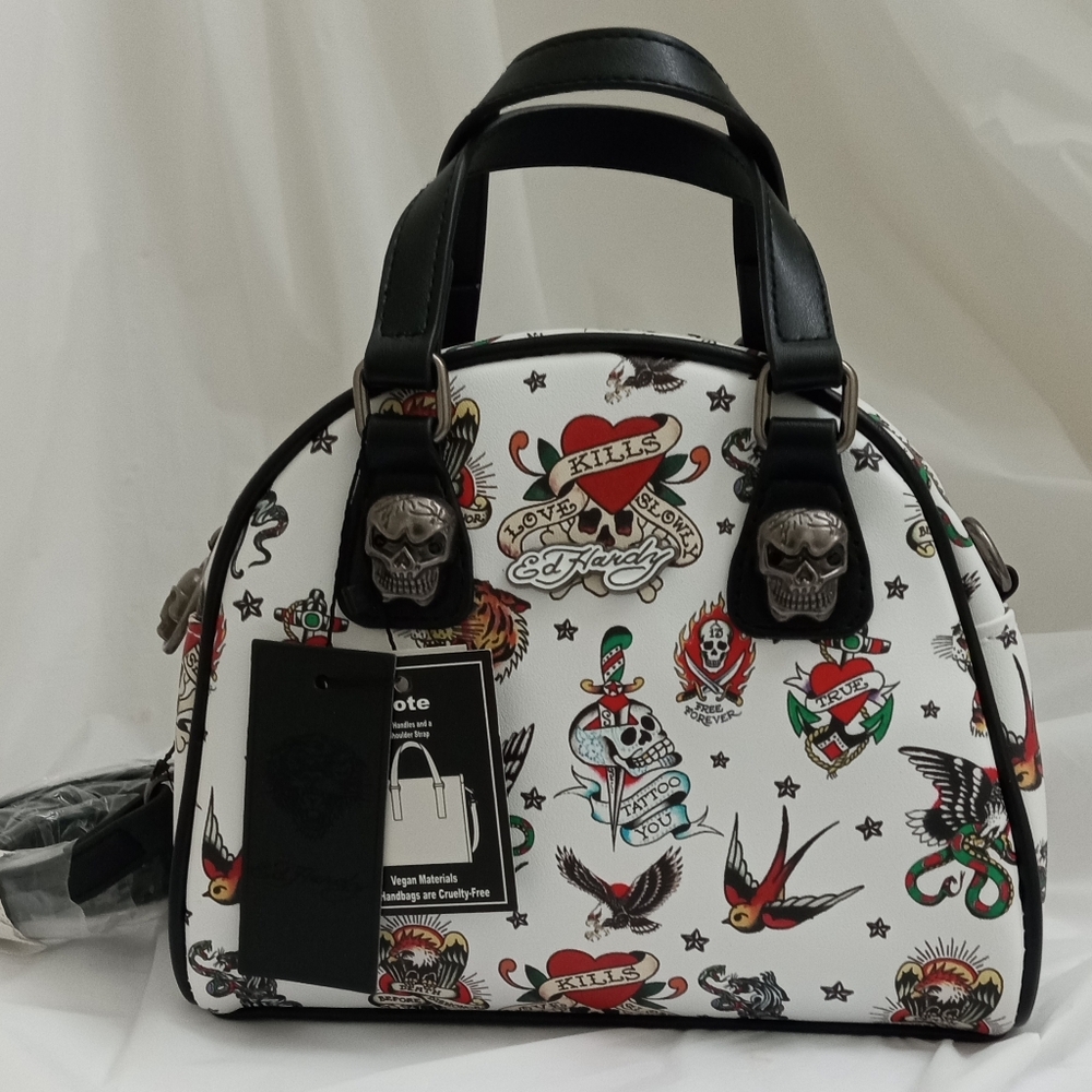 Ed Hardy Y2K White 12 Iconic Tattoos  Bowler Bag w/ Metal Skull Hardware
